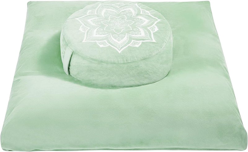 hunnidspace Meditation Zafu Cushion Set with Buckwheat Hulls & Memory Foam - Ergonomic Support for Yoga & Sitting - Removable Machine-Washable Luxury Velvet Cover - for Adults and Kids (Sage Green) - Image 1